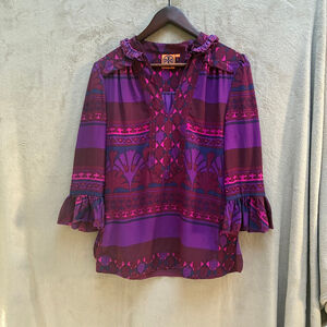 Tory Burch 100% Silk Boho Blouse Size 4 Luxury Designer Elevated Sophisticated